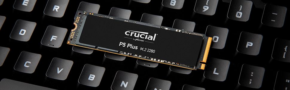 Crucial P5 Plus SSD on a keyboard